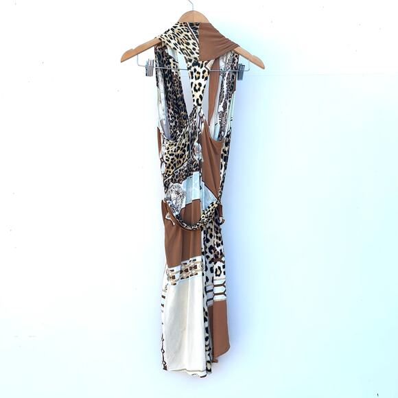 Vintage Roberto Cavalli Y2K Leopard Patchwork Halter Mini Dress 42 Size 8 - Picture 3 of 10